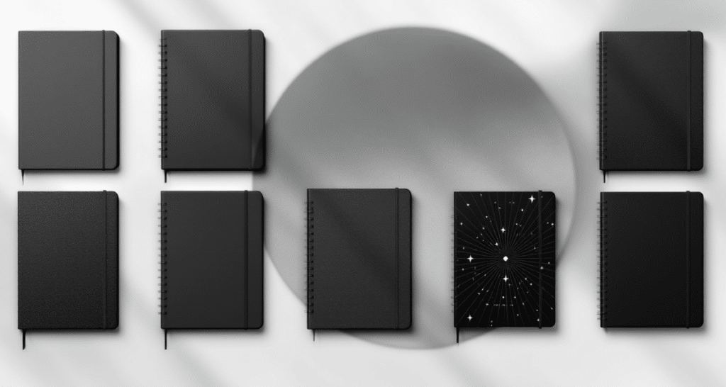 A collection of black notebooks with a consistent, sleek appearance, arranged in a grid-like pattern on a white surface.