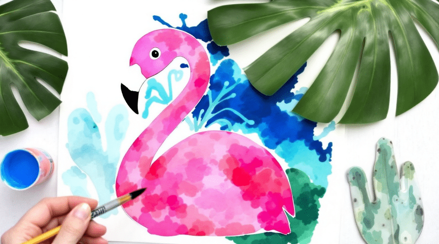 A watercolor drawing of a flamingo on a paper.