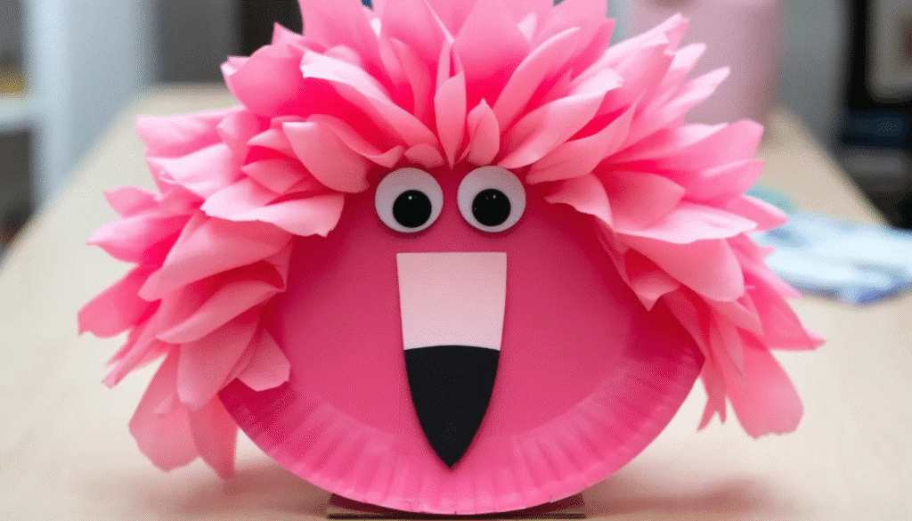 An adorable paper plate flamingo craft is displayed, featuring a painted pink plate adorned with googly eyes and colorful pink feathers. This fun and easy flamingo craft is perfect for kids, making it a delightful summer activity that encourages creativity and enjoyment.