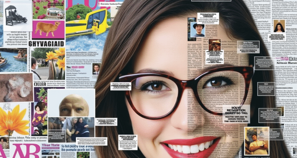 cutout of different images on magazine.