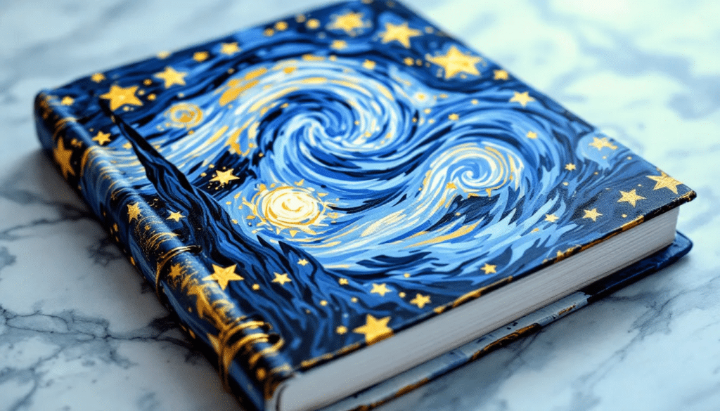 An artistic notebook cover features vibrant abstract art, designed to inspire creativity and serve as a beautiful accessory for writers and artists. This cover allows users to carry a piece of art with them, making every note-taking session a source of inspiration.