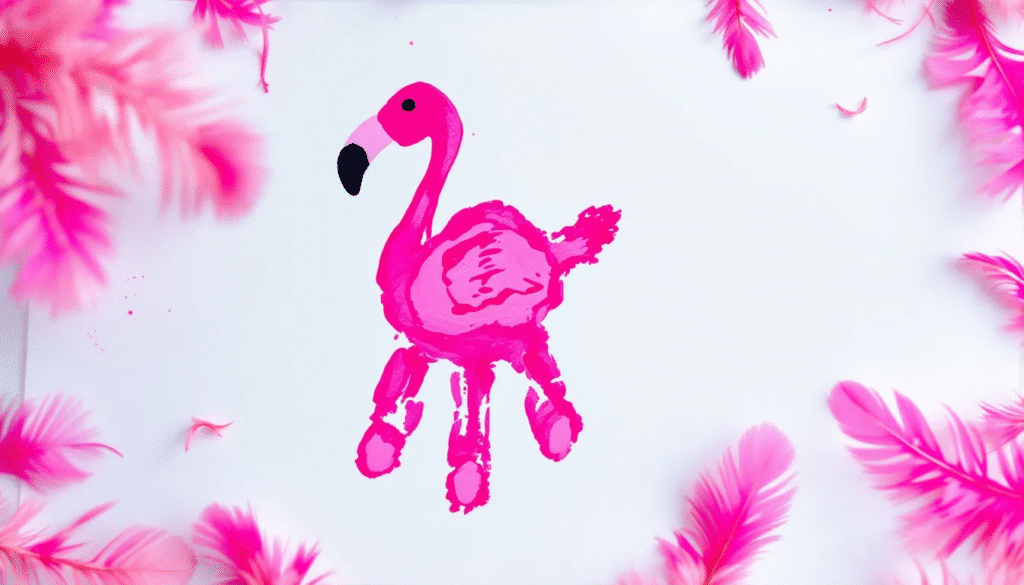 This image features a colorful handprint flamingo art project created by kids, showcasing a pink handprint with added details like legs, a beak, and eyes drawn with a black marker. The artwork is likely displayed on a fridge or framed, emphasizing the fun and creativity involved in flamingo crafts for children.