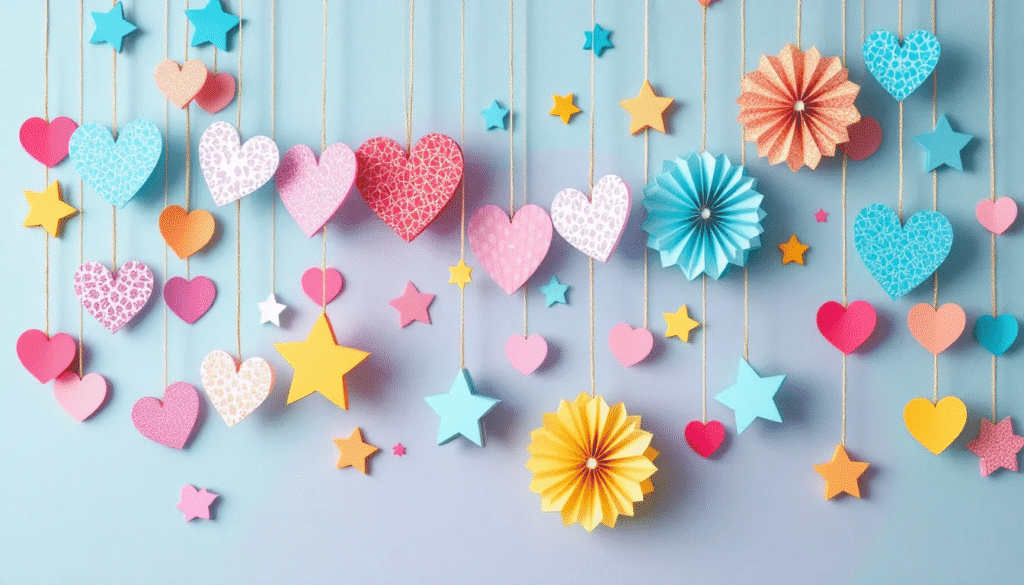 Assortment of paper garlands hanged.