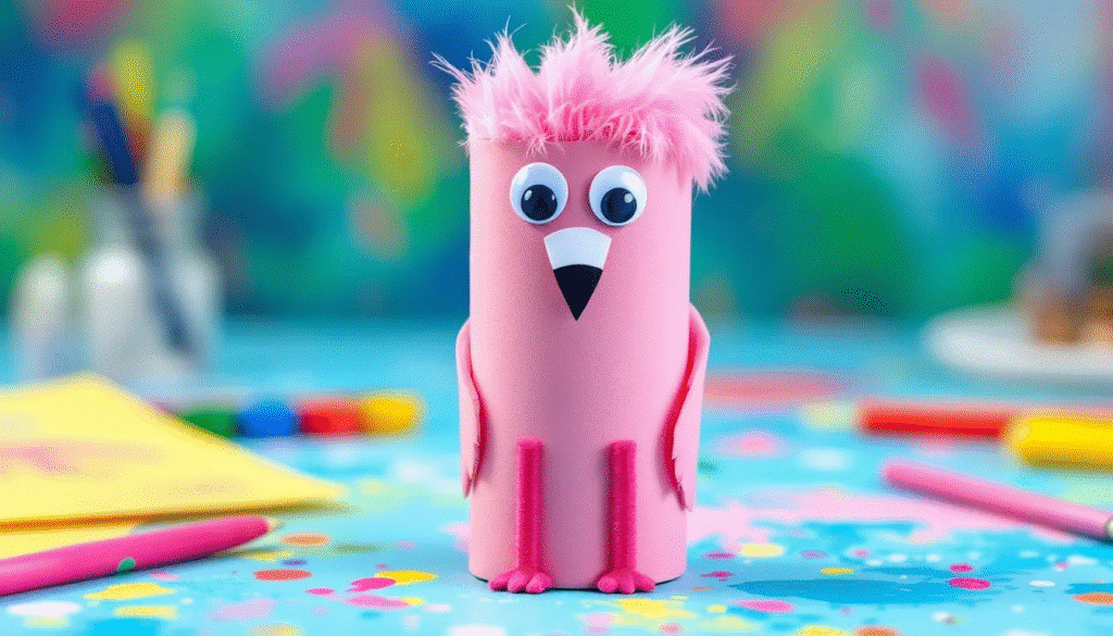 A vibrant pink flamingo crafted from a toilet paper roll stands upright, adorned with googly eyes, a colorful beak, and fluffy feathers on its back. This engaging flamingo craft is perfect for kids, allowing them to learn about letters and shapes while enjoying a fun art project.