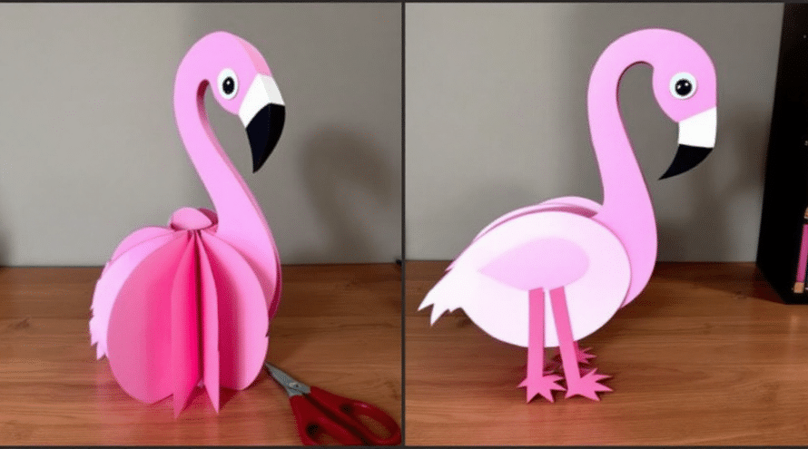 3D flamingo on a wooden table.