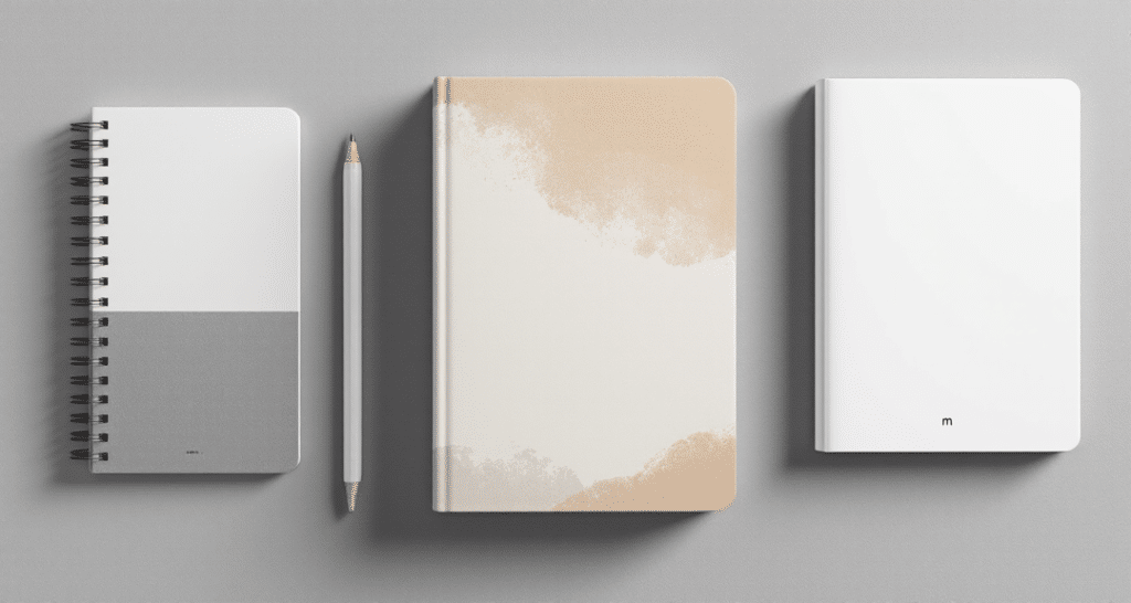 A digital illustration featuring a trio of notebooks and a pencil. The illustration style is clean and modern, with a muted color palette that includes shades of beige, gray, and white.