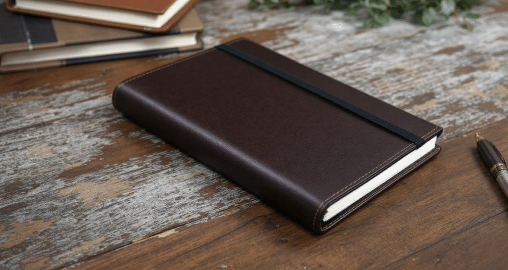 A photo of a brown, leather-bound notebook with a black binding strip on a rustic wooden table.