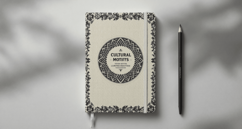 A photo of a Cultural Motifs notebook with a distinctive cover design featuring a stylized, ornate motif in black and white.