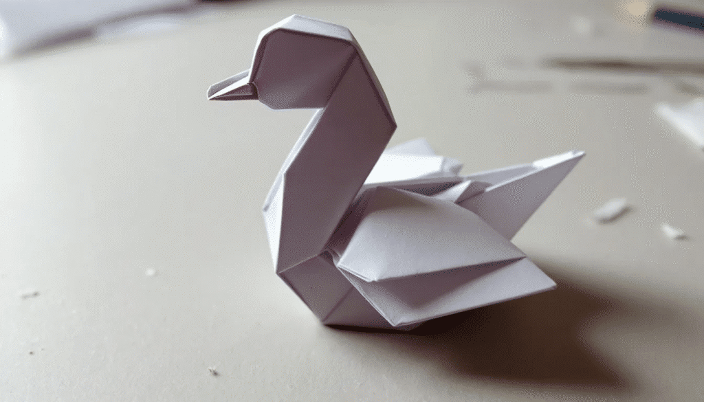 An origami duck is displayed in the bottom corner of the image crafted from a square piece of paper showcasing its folded shape with a distinct head beak and tail The intricate edges and folds highlight the art of origami inviting viewers to admire this fun creation