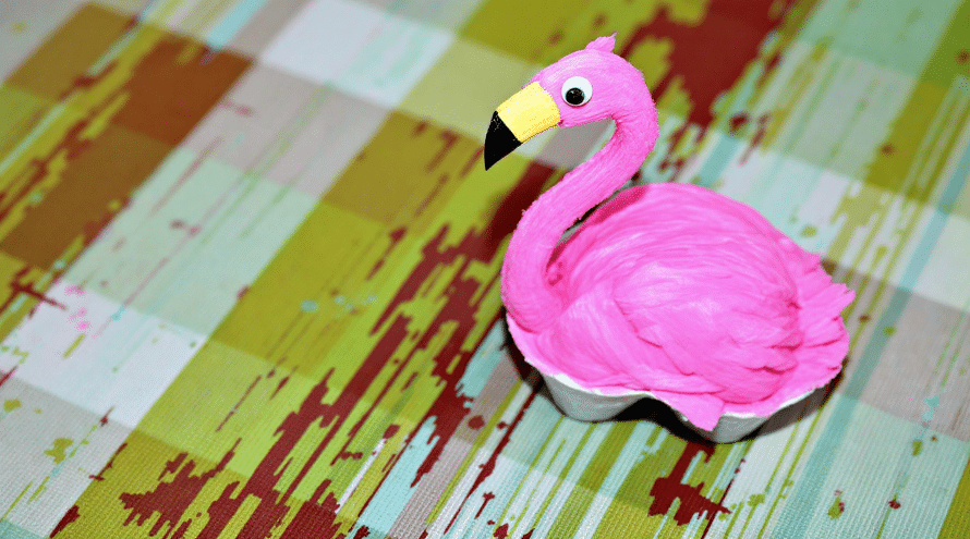 A flamingo crafted on an egg carton.
