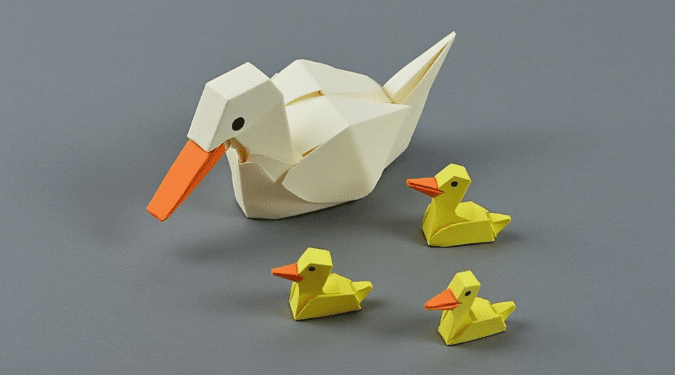 Mini origami duck family on a grey background