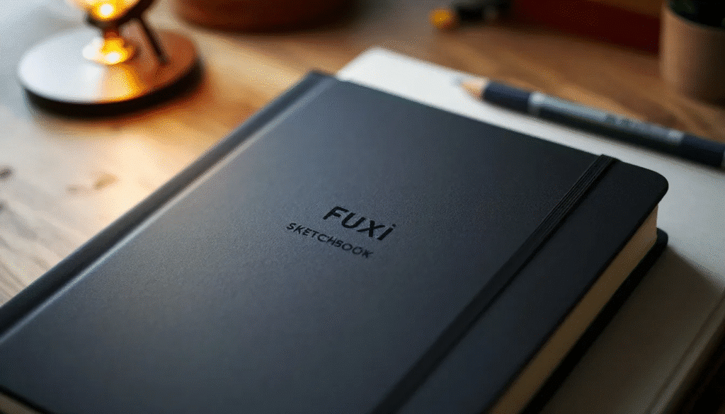 The image features a Fuxi sketchbook, showcasing its sturdy construction and spiral binding, which allows it to lie flat for easy drawing and sketching. The 9x12 inch size highlights its ample space for various art techniques, with thick, acid-free paper suitable for both wet and dry media.