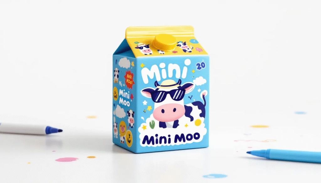 A cute mini milk carton is illustrated, featuring a friendly face with a big smile and bright eyes. The carton is decorated with colorful markers, showcasing fun details and additional embellishments that enhance its charm, making it a delightful example of DIY paper squishies.