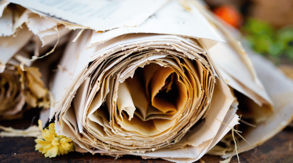Closeup image of recycled paper rolled up.