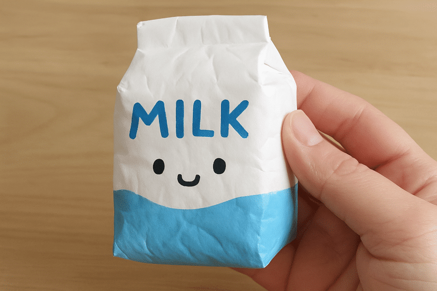 A hand holds a paper squishy milk carton featuring a cheerful smiley face, symbolizing joy and positivity.