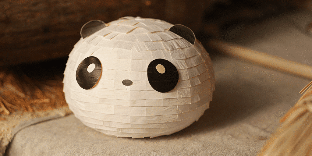 A squishy paper panda on a stone background.