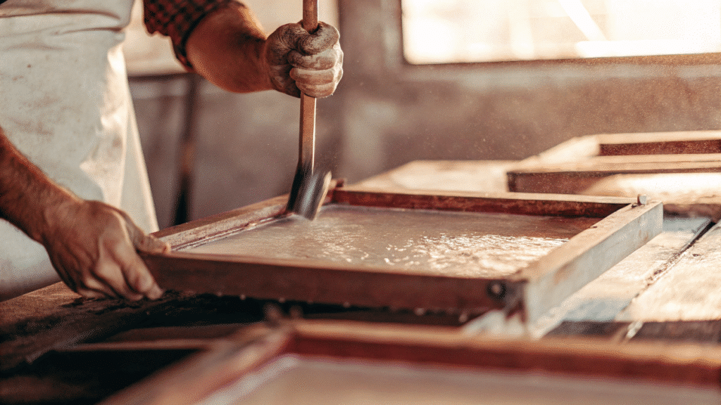 The image depicts the process of forming handmade paper sheets, showcasing a frame scooping paper pulp from water, with the pulp being gently shaken to distribute evenly. The scene captures the meticulous crafting of unique, textured sheets, highlighting the use of recycled materials and plant fibers in the creation of beautiful handmade papers.