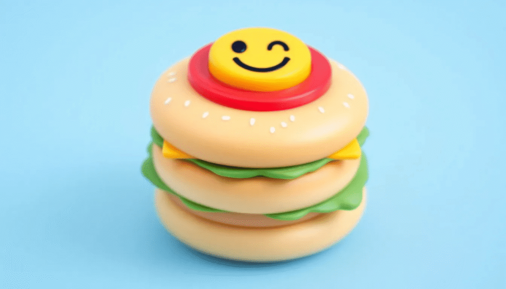 A colorful, happy hamburger squishy toy is depicted, featuring stacked circles for buns, vibrant red for tomato, and green for lettuce, topped with a cheerful smiley face. The image emphasizes the fun details and decorations that make this DIY paper squishy a delightful addition to any squishy collection.
