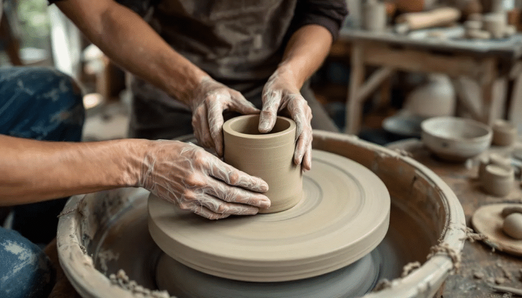 In this image, hands are skillfully working with clay sculpting tools on a pottery wheel, shaping various clay pieces as creativity flows. The scene captures the fun and imaginative process of crafting art, showcasing the beauty of creating unique shapes with good quality materials.