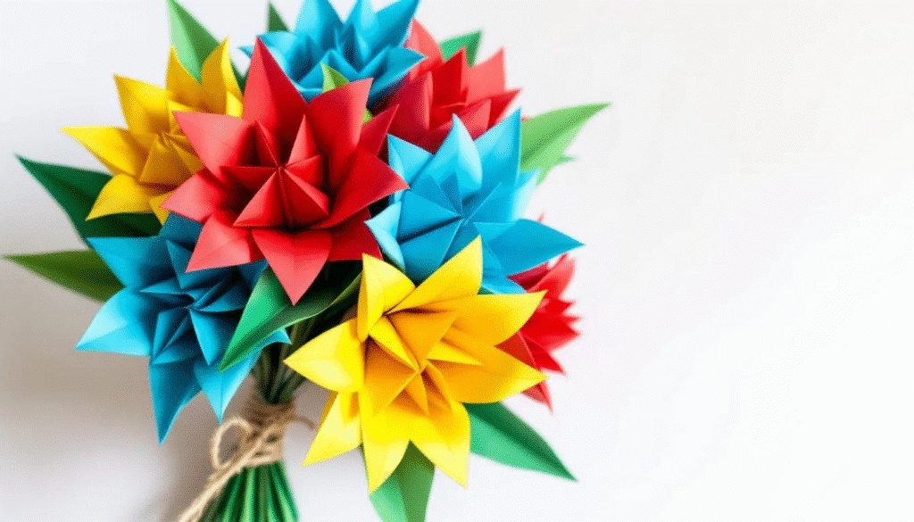 A vibrant bouquet of origami flowers made from colorful construction paper is displayed, showcasing various shapes and patterns. The arrangement highlights the art of folding paper into beautiful creations, perfect for decoration or as a thoughtful gift.