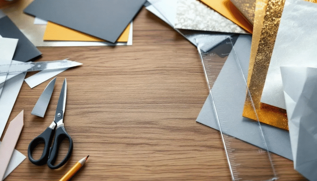 A collection of paper art tools is displayed, featuring precision knives, rulers, and an assortment of specialty papers in various colors, including black and white. This setup is ideal for crafting paper sculptures and engaging in creative paper projects, highlighting the beauty and simplicity of paper crafts.