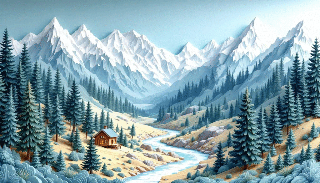 A beautifully crafted layered paper shadow box depicts a stunning mountain landscape with multiple depth levels, showcasing intricate shapes and designs that inspire creativity. This artwork is a perfect project for adults looking to explore their imagination and create a special present for family members or friends.
