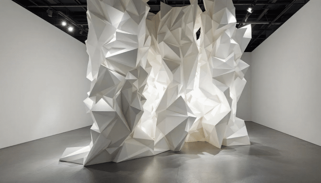 A large-scale paper sculpture installation fills a modern gallery space, illuminated by dramatic lighting that highlights the intricate layers and edges of the artwork. The creative use of black and white paper crafts creates a striking contrast, inviting viewers to appreciate the beauty and complexity of this unique paper project.