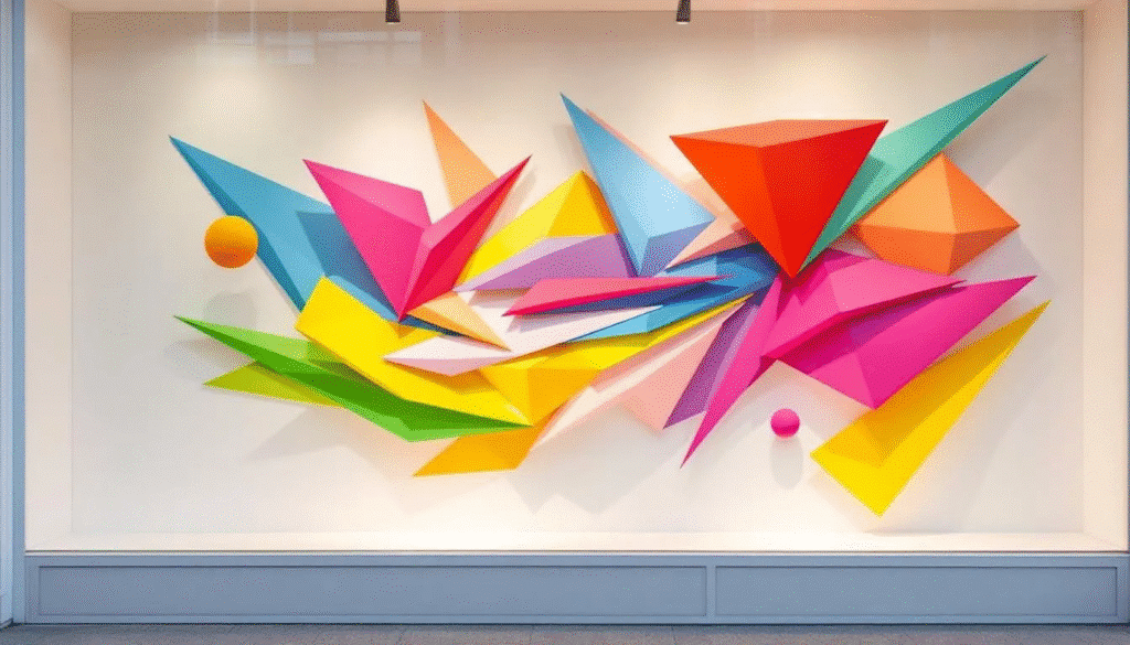 In this vibrant retail window display, a captivating paper art installation features colorful geometric forms, showcasing intricate paper sculptures crafted from various materials. The playful arrangement of shapes and colors creates an engaging visual experience, highlighting the creativity and beauty of paper crafts.