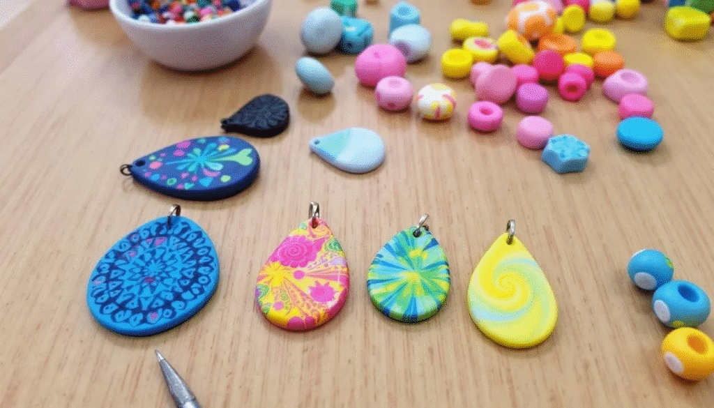 The image showcases a vibrant array of colorful polymer clay jewelry pieces, including unique pendants and beads, beautifully arranged on a crafting work surface. This creative project invites imagination to run wild, perfect for adults and kids alike who love making special presents for family members and friends.