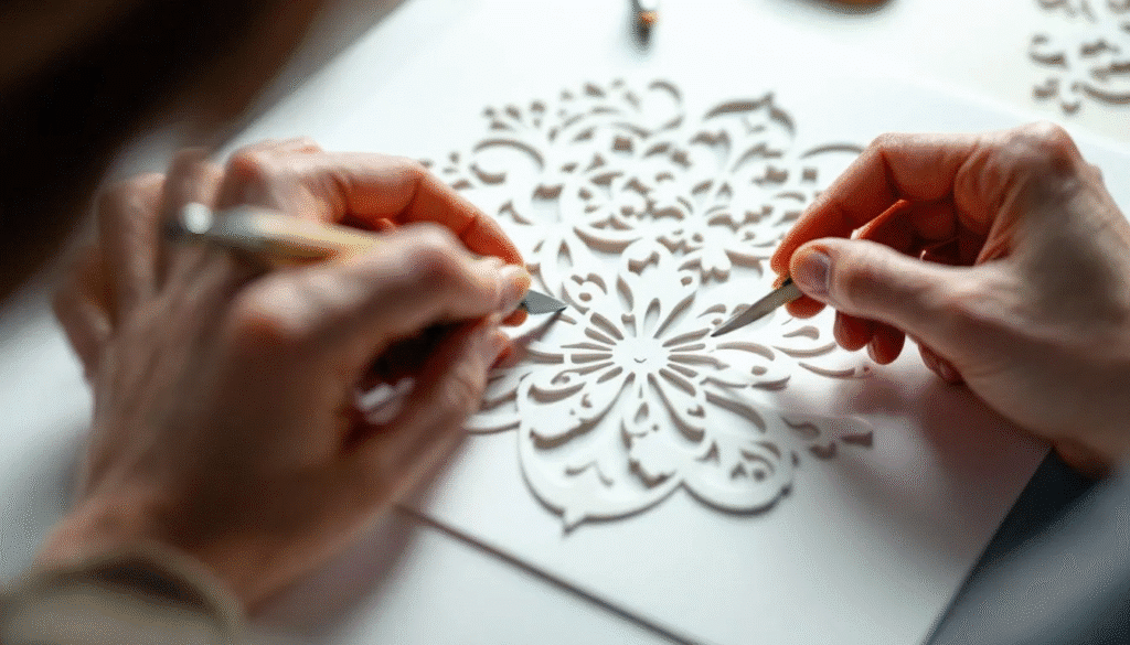 In this close-up image, an artist's hands expertly maneuver precision cutting tools to create intricate paper patterns, showcasing the detailed process of crafting paper sculptures. The focus on the tools and black paper highlights the creativity and skill involved in this art form.