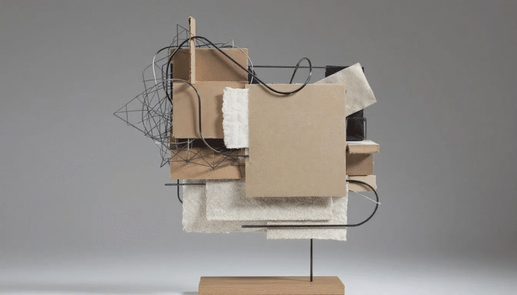 A mixed media sculpture showcases an abstract composition made from cardboard, fabric, and wire, where creativity runs wild. This imaginative artwork combines various shapes and textures, inviting viewers to explore its unique form and celebrate the beauty of crafting.