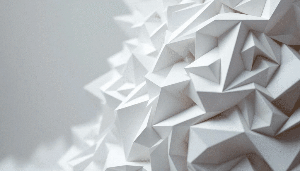 The image depicts an intricate paper sculpture composed of layered geometric forms, all crafted from white paper. This artwork showcases the beauty of paper crafts through its delicate edges and creative design, highlighting the artistry involved in the paper project.