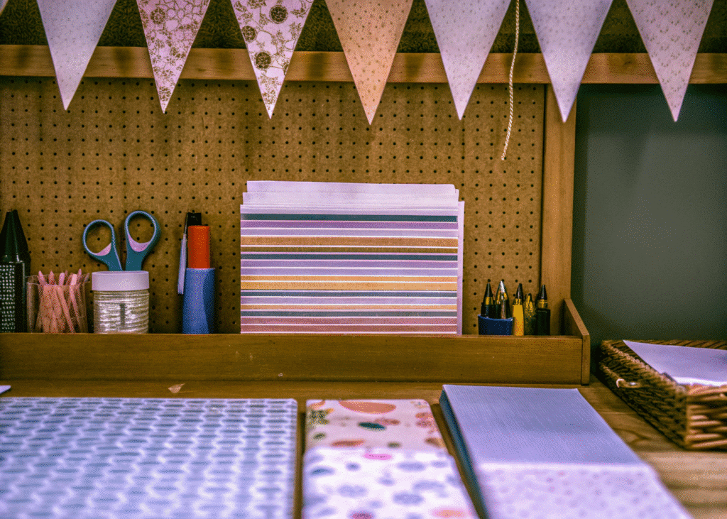 A well-organized craft workspace showcases various paper crafting tools and supplies, including scissors, glue, and colorful patterned paper, all neatly arranged alongside works in progress like paper flowers and a paper ice cream banner. This inviting setup highlights the joy of fun paper crafts and creative projects suitable for the whole family.