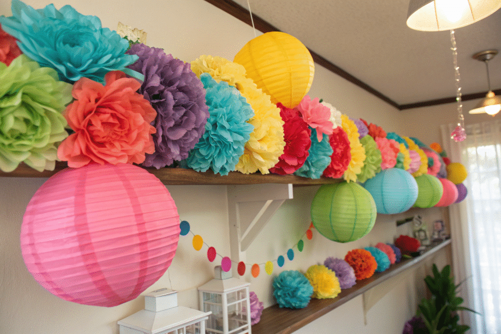 A vibrant display of beautiful paper flowers in various colors is arranged on a shelf, with colorful paper lanterns hanging nearby, creating a fun decoration for any space. This delightful scene showcases the creativity of paper crafts and the joy of DIY projects.