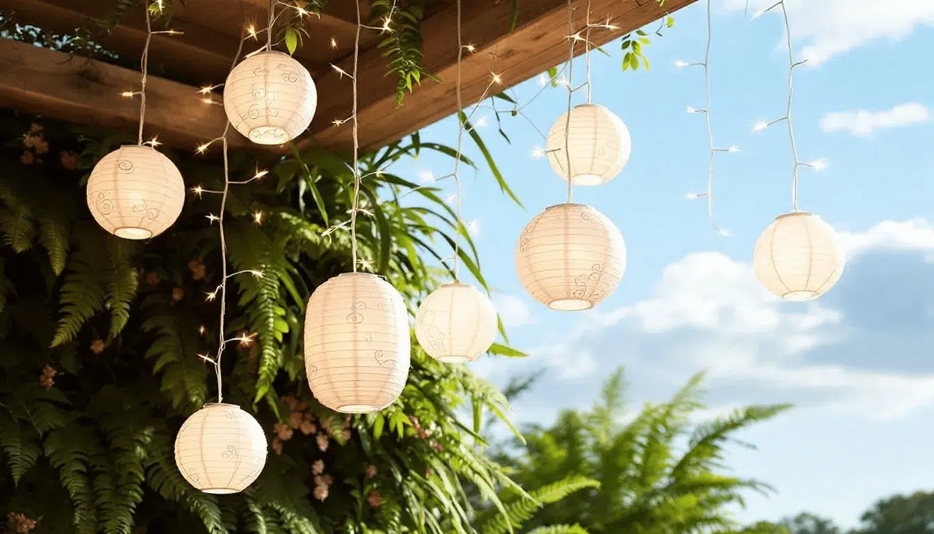 A collection of decorative paper lanterns hanging in various sizes and vibrant colors featuring integrated fairy lights that add a magical sparkle These whimsical lanterns are perfect for indoor or outdoor use creating a festive atmosphere for parties and special occasions