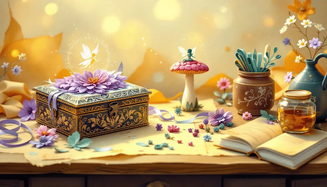 A variety of essential supplies for paper quilling art including paper strips and quilling tools