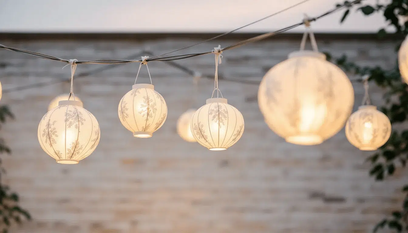 In the image a beautifully arranged display of various paper lanterns hangs from a ceiling showcasing different sizes and colors including spinner white decorative lanterns The scene illustrates proper installation techniques featuring sturdy ceiling hooks and fishing line for added stability creating an inviting atmosphere perfect for parties