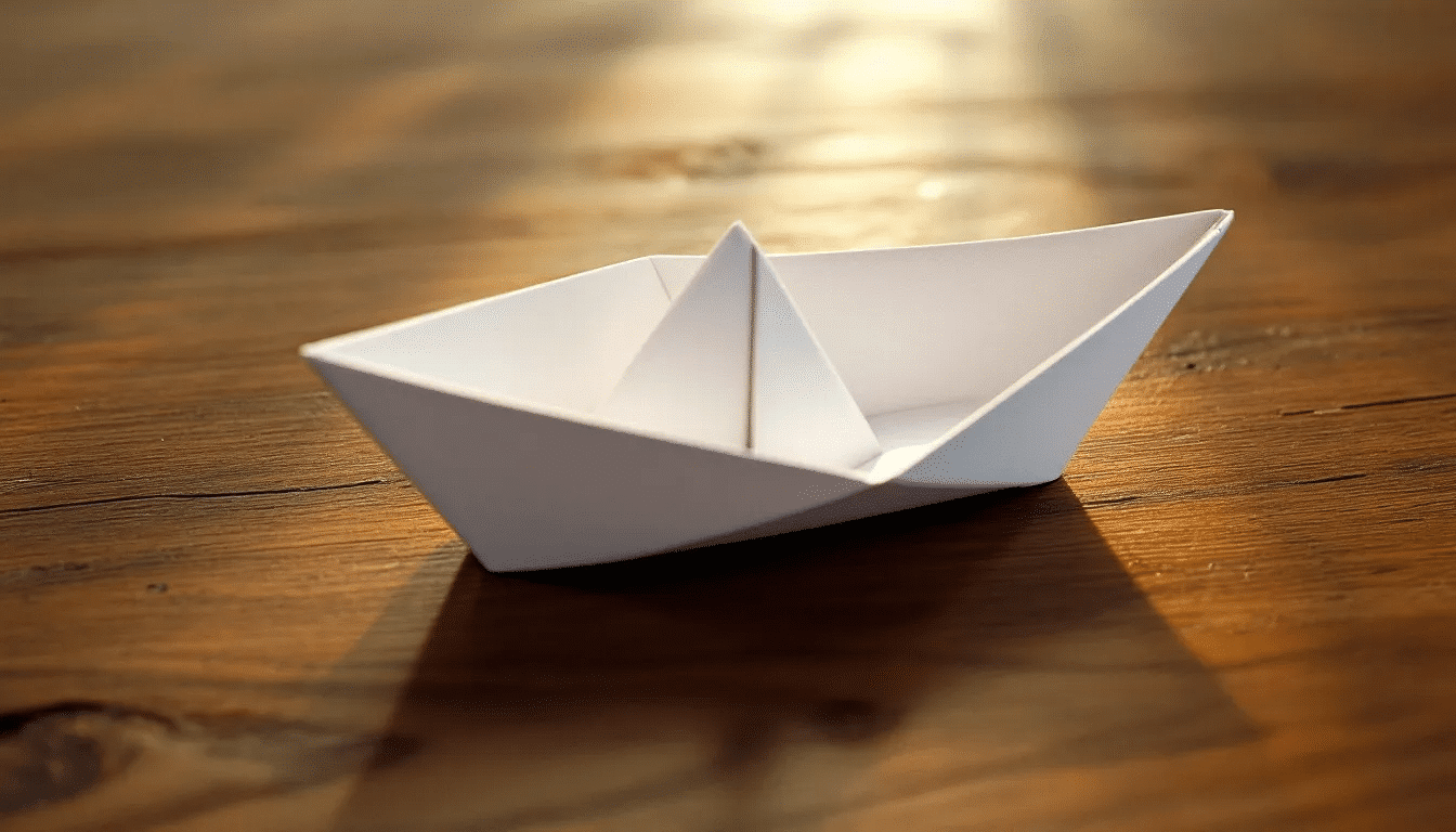 15e51edf38084f1fb2c37fc262fd2a31 simply paper crafts A photorealistic image of an origami boat made from a square piece of origami paper showcasing the intricate folds and smooth lines typical of this Japanese art form The boat is delicately placed on a textured surface emphasizing its beautiful design and craftsmanship