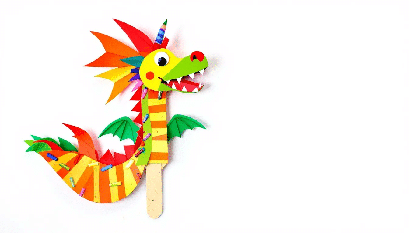 171d886a26074312bdf8944d0ad34a5c simply paper crafts In the image a colorful paper dragon puppet is attached to a popsicle stick ready for a performance The dragon features vibrant designs created with various coloring tools showcasing its detailed scales and expressive mouth perfect for engaging younger children in creative play