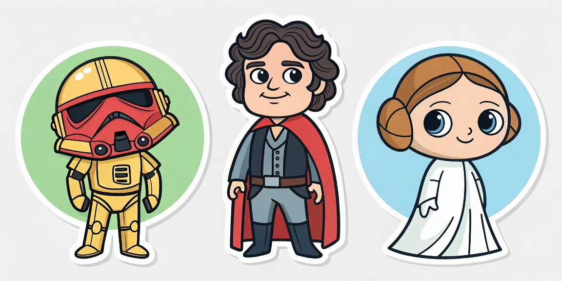 A cartoon illustration featuring characters from the Star Wars franchise