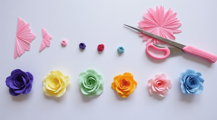 1cf0362951fb4c6cbdc42cf4560b61da simply paper crafts A top down image of different color garden roses made out of crepe