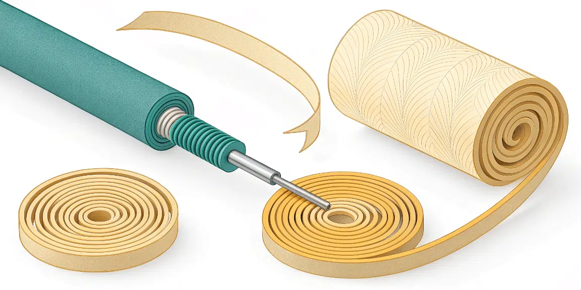 A digital illustration of a wooden tape roll a teal colored tool with a spring mechanism and a section of the tape being punctured