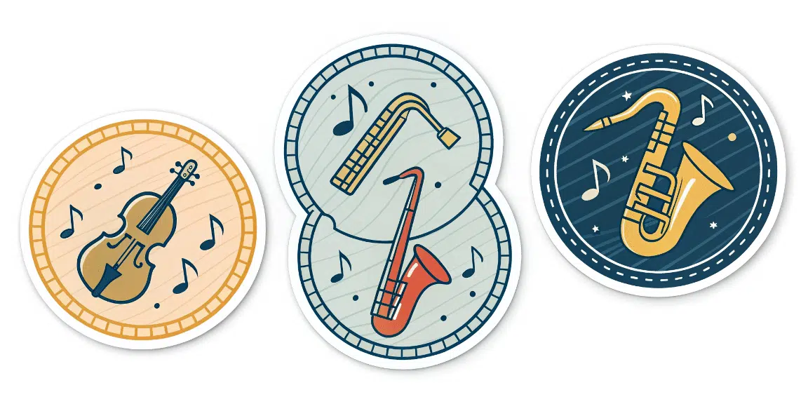 A digital illustration featuring a set of stickers with musical instruments as their central theme