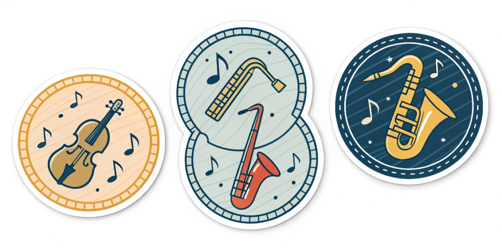 47d70dd0 2ea9 462d ac98 858dcdf50ff9 simply paper crafts A digital illustration featuring a set of stickers with musical instruments as their central theme