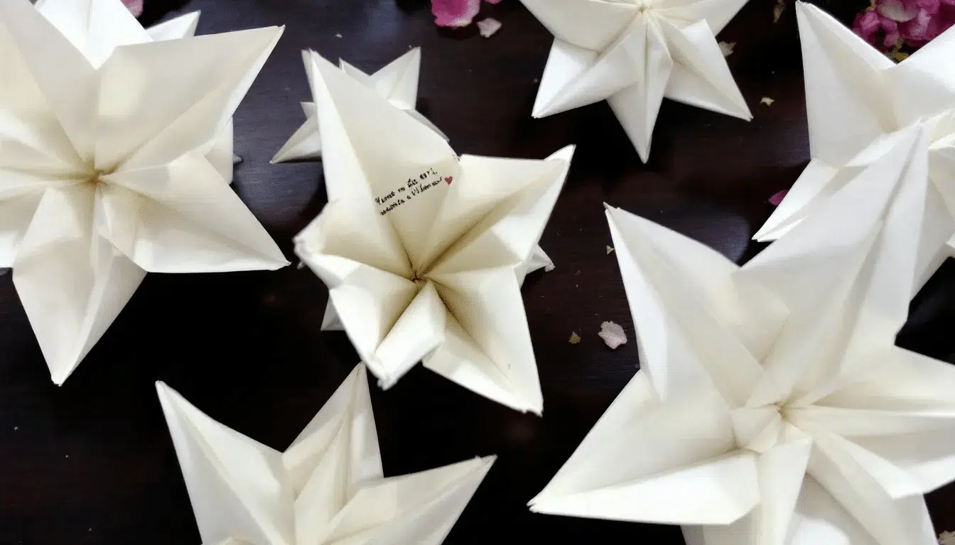 The image shows a collection of colorful origami paper stars arranged on a table each containing a small note or wish tucked inside These cute paper stars made from thin strips of construction paper represent a fun way to express hope and creativity