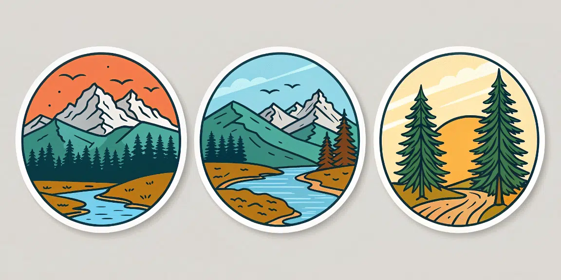 A digital illustration featuring a series of oval shaped stickers with a stylized cartoon like appearance showcasing a range of natural scenery 