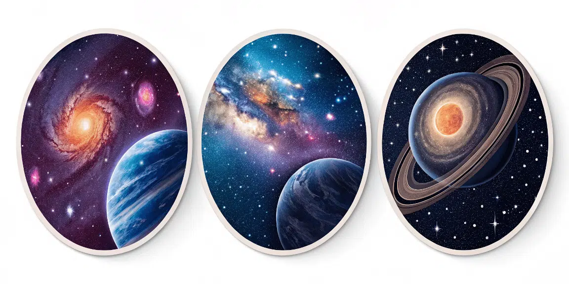 The image shows three circle stickers with eye catching stars planets and space