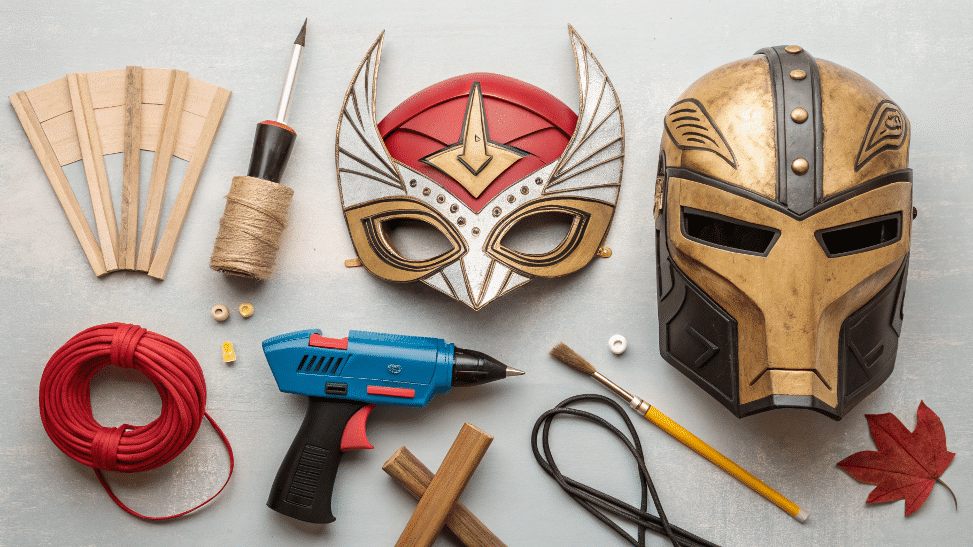 5ec2cd0af2ba4a18aef9ca040a040284 simply paper crafts Paper mache designs of superhero masks next to tools to make the masks