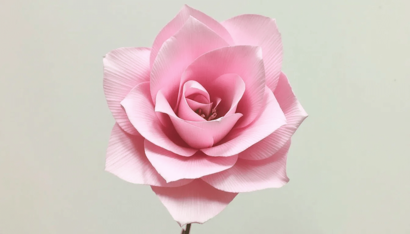 5ef69dcc94674592985f757dd2cc4755 simply paper crafts A beautifully crafted crepe paper rose with delicate teardrop shaped petals is showcased demonstrating the art of making crepe paper flowers The petals are expertly curled and layered around a wire stem creating a stunning floral design perfect for home decor or special occasions