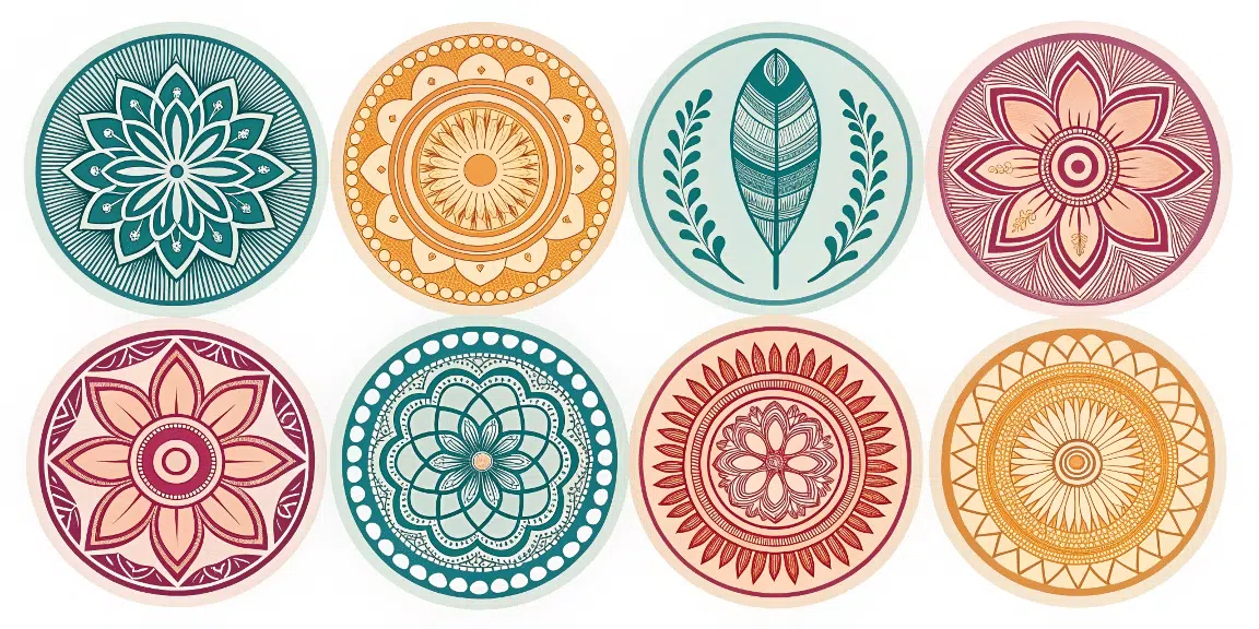 Different color Boho Chic stickers on a white background